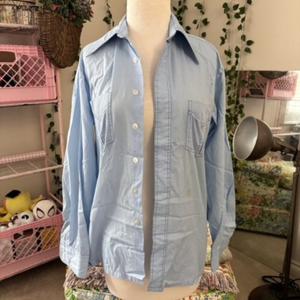 Vintage 70s JCPenney Light Blue Button Down Shirt Disco Collar Small S